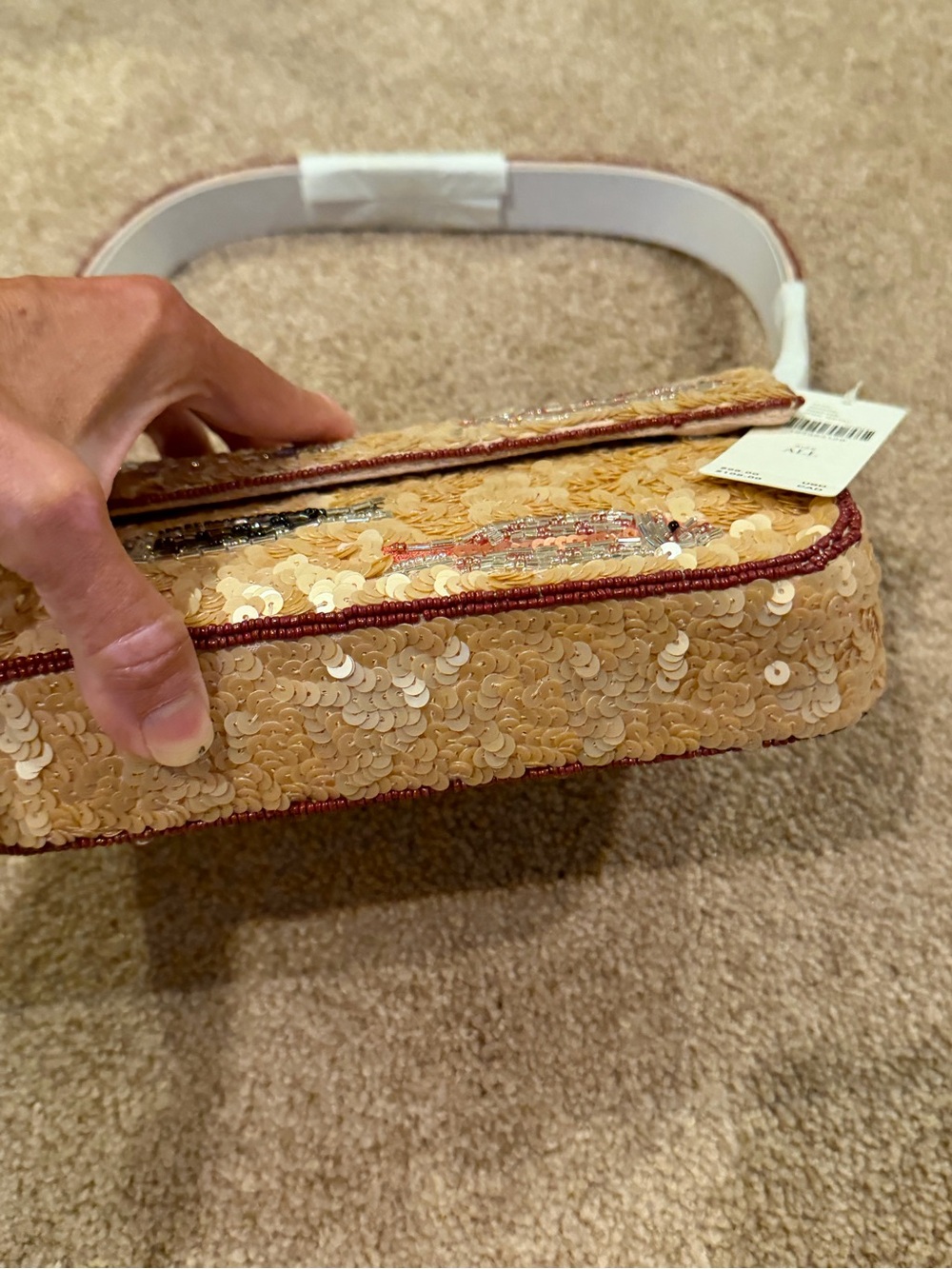 NWT new Anthropologie Fiona beaded shoulder bag purse sardines pink tan beige - Picture 15 of 16